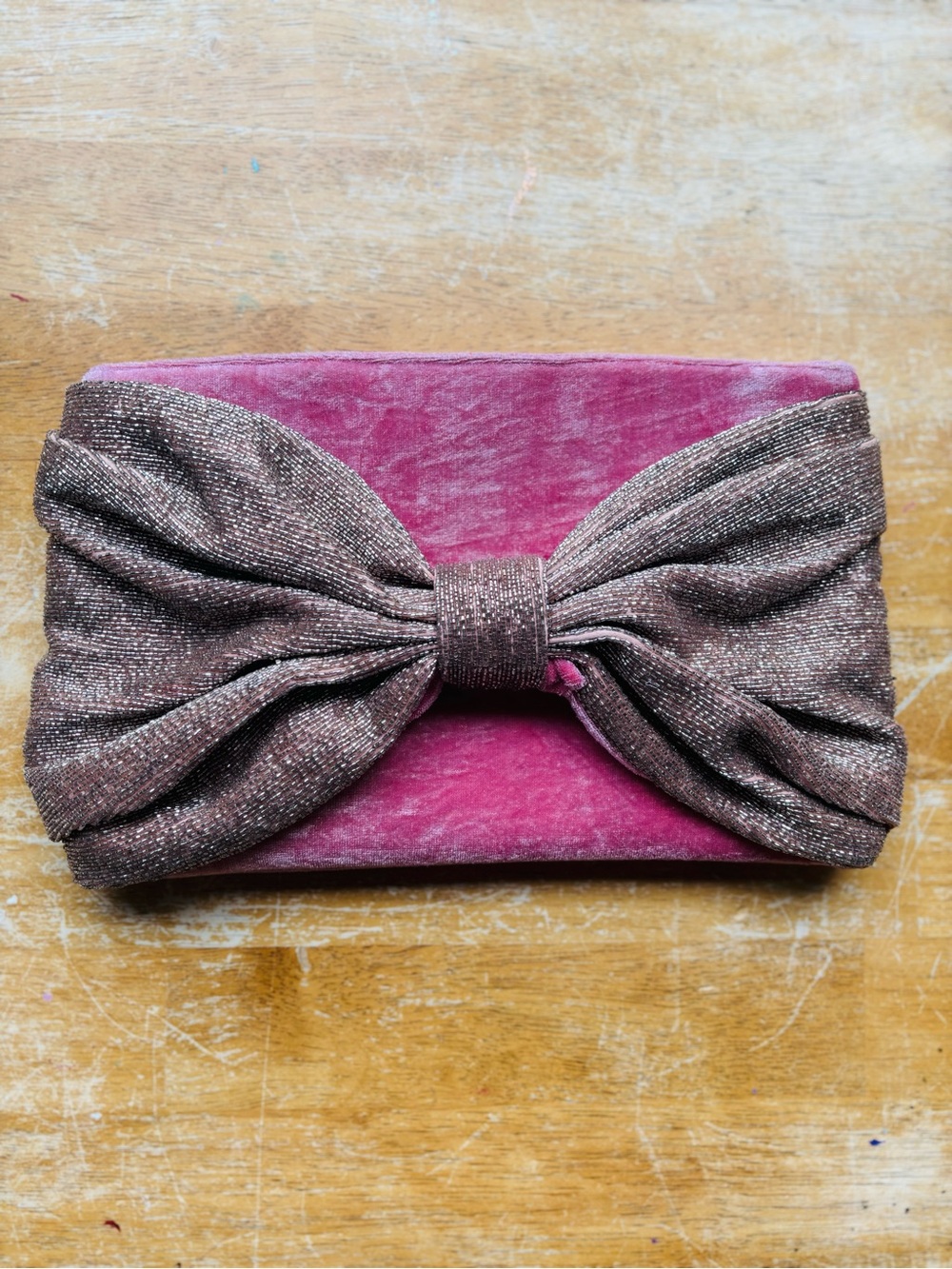 Rachel Parcell Velvet Clutch in Pink with Bronze Bow